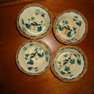 Vintage Hand painted 4 Bowls & wicker basket holders 5” Rooster Flower Japan